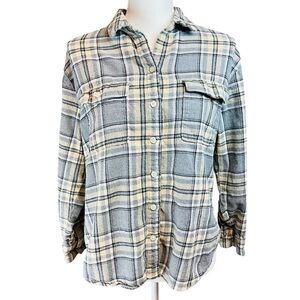 OLD NAVY Plaid Flannel The Boyfriend Shirt Sz M Taylor‎ Swift Gray Tan Top